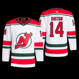 New Jersey Devils Nathan Bastian 2022-23 Heritage Jersey Primegreen White Authentic Pro Uniform